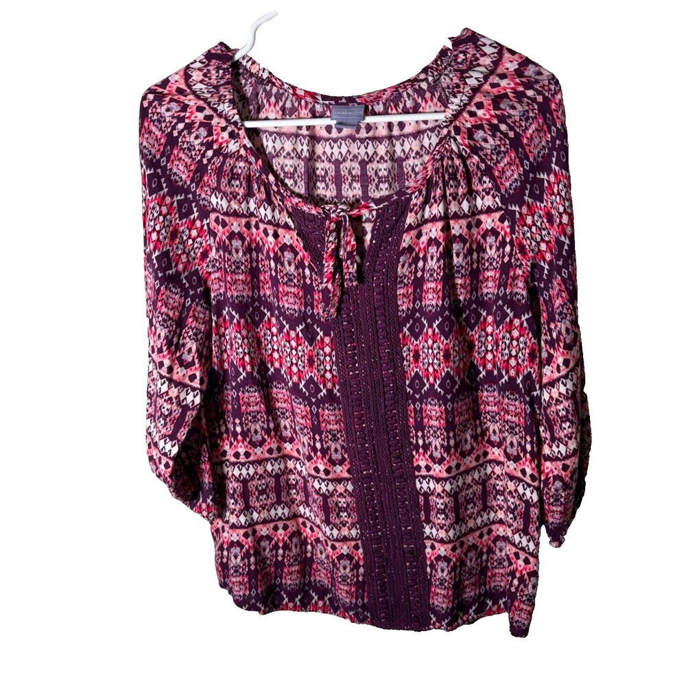 Laura Scott Blouse Women's Medium Purple Printed Lace 3/4 Sleeve Tie Top Shirt